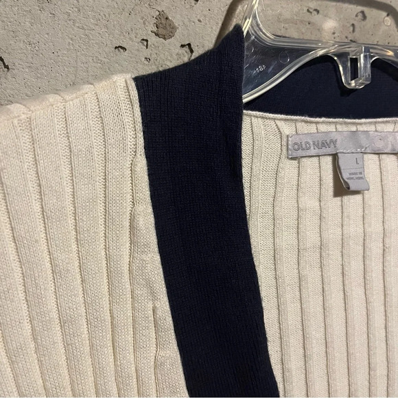 Old Navy Size L Beige Navy Grandpa Sweater V Neck Long Cardigan Ribbed Stretch - Picture 4 of 8